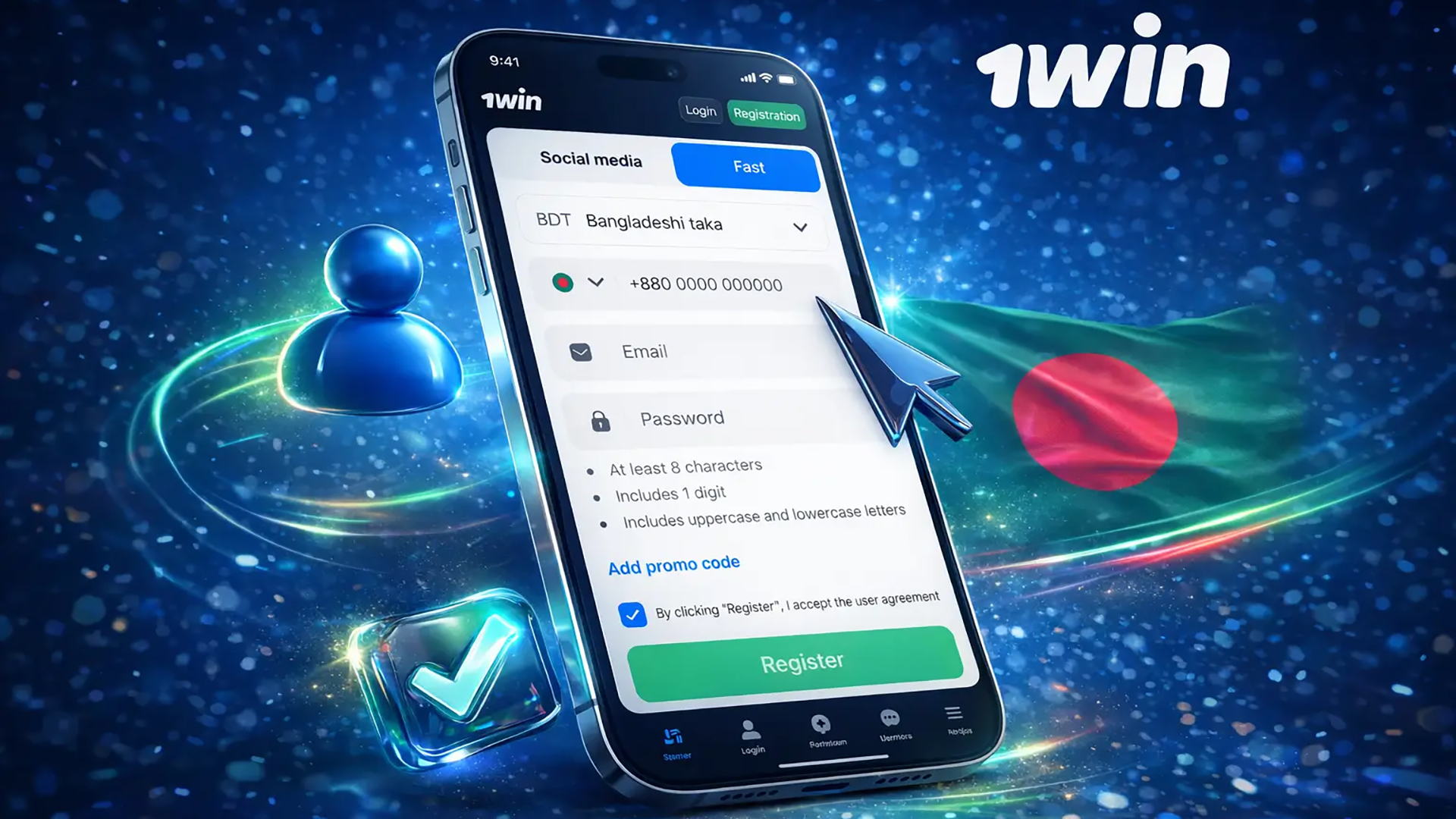 1win Bangladesh app registration screen showing fast sign up, BDT currency selection, and secure account creation on the official mobile platform