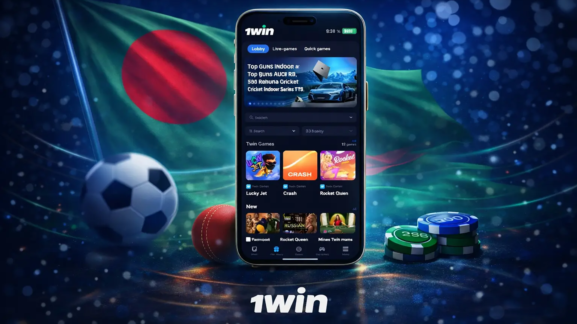 1win Bangladesh mobile app featuring casino games and sports betting, including slots, crash games, football, and cricket on a single platform
