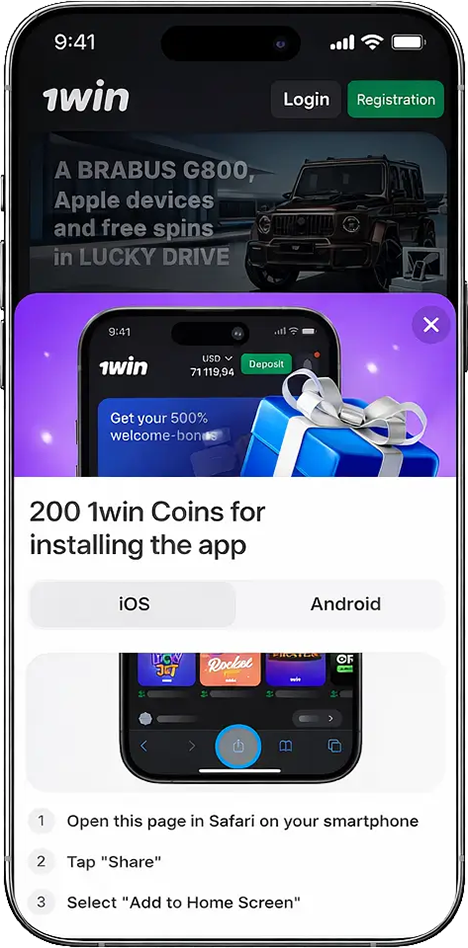 1win Bangladesh iOS app installation step demonstrating how to open the website in Safari and tap the Share button to add the app to the home screen