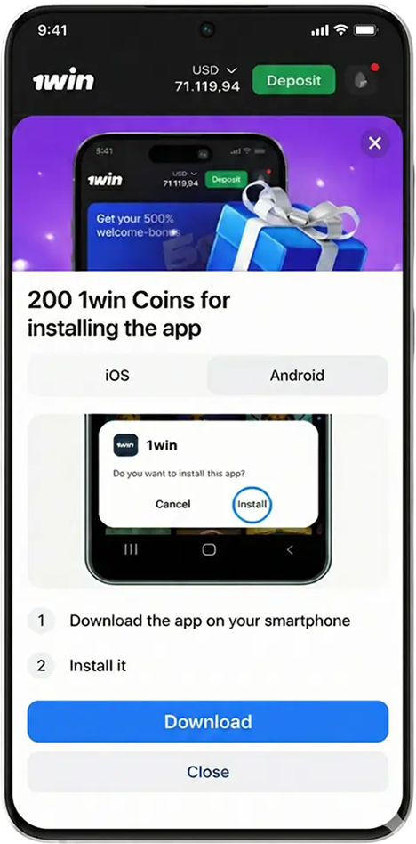 Final step of installing the 1win Bangladesh Android app, confirming the app installation to access online casino games, sports betting, and bonuses