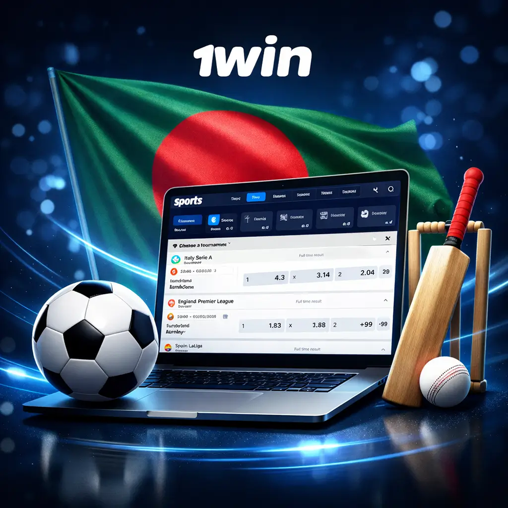 1win Bangladesh sports betting platform showing live odds on football and cricket matches, offering secure online betting for players in Bangladesh