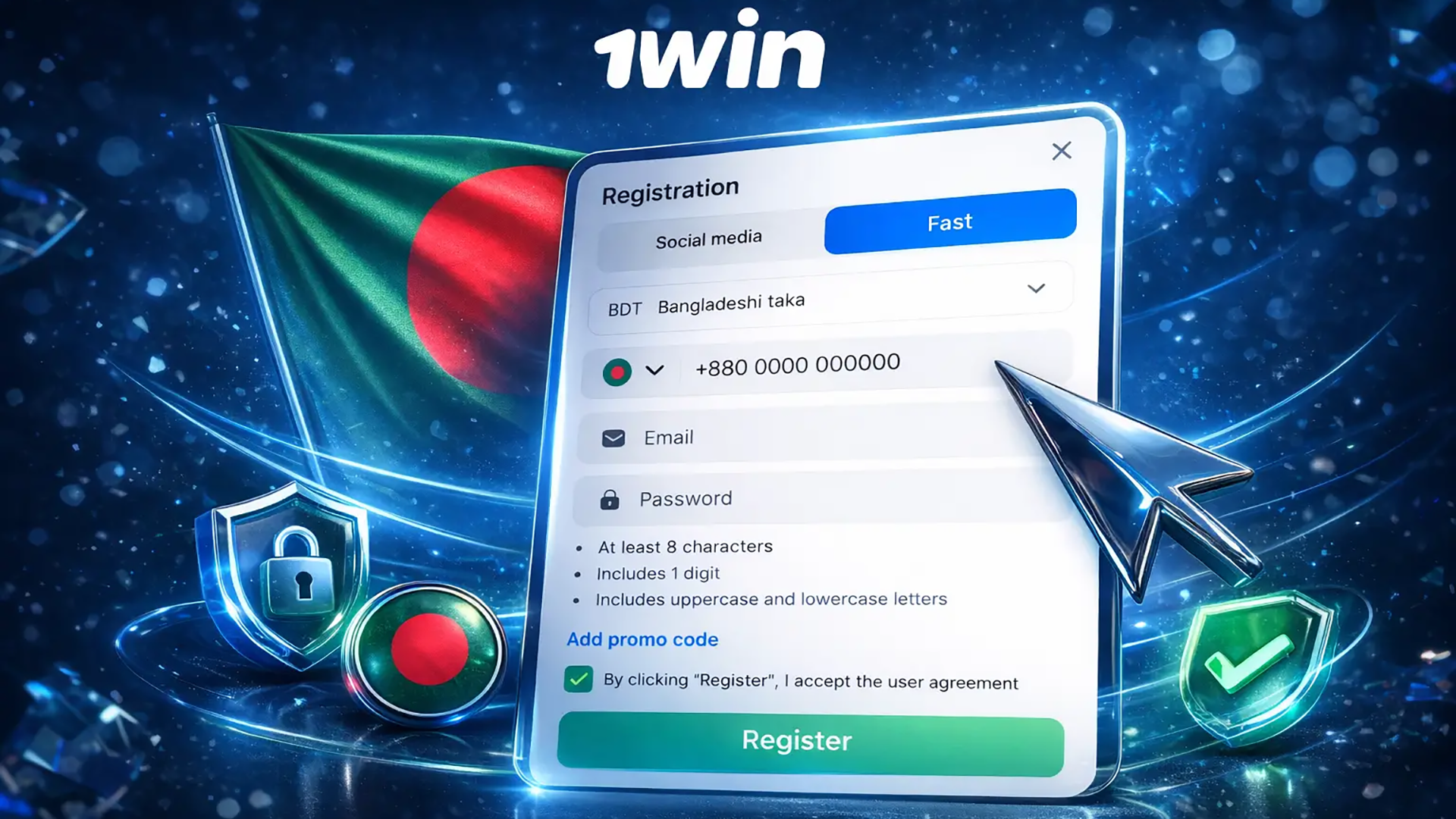 1win Bangladesh registration form with fast sign up options, BDT currency selection, and secure account creation for new online casino players